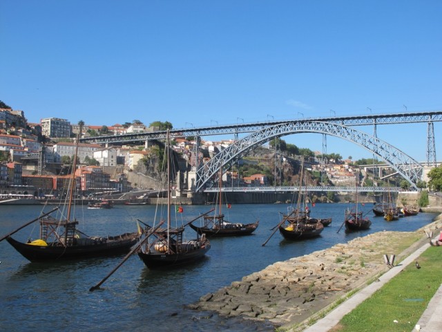 Rabelo boats by the riverside in Porto, Portugal.