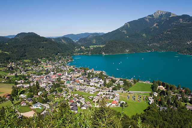 View from the zwolferhorn mountain on to the city of st.Gilgen and the Wolfgangsee in Austria.