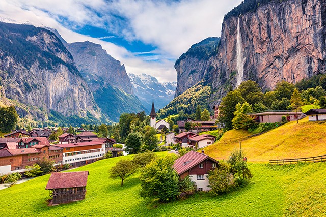Switzerland The 4000m peaks of the Eiger, Monch and Jungfrau, cloaked in rolling white glaciers, tower magnificently over the Lauterbrunnen Valley. The deepest U-shaped valley in the world, it is lined with 72 rushing waterfalls. On Day 4 of our Jungfrau Peaks and Glaciers Walk you’ll descend into the Lauterbrunnen Valley and the Trummelbach Falls – an amazing ‘corkscrew’ waterfall inside the mountain.
